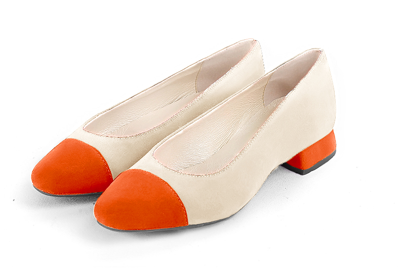 Clementine orange and champagne beige women's ballet pumps, with low heels. Round toe. Flat block heels - Florence KOOIJMAN